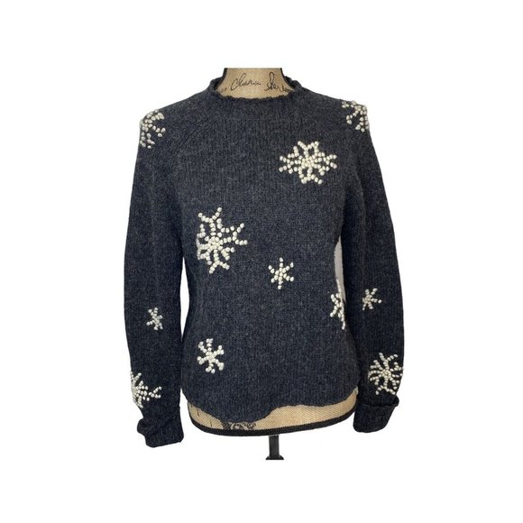 Marsh Landing Hand Knit Crew Snowflake Wool Blend Sweater Charcoal Gray M - Picture 2 of 12